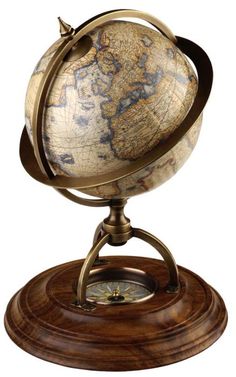 an old world globe on a stand with a wooden base and metal ring around it