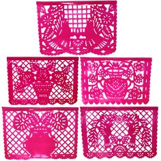 four pieces of laser cut paper with flowers and leaves on them, all in pink