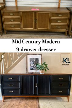 the before and after pictures of an old dresser makeover with paint, wood trim and drawers