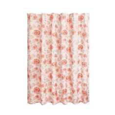 an orange and white shower curtain with flowers on the bottom, in front of a white background