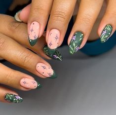 70+ Trendy Nails in Autumn Inspo~~ #greennaildesigns Retro Nail Art Almond, Fall Fairy Nails, Ren Fair Nails, Mushroom Fall Nails, Nature Themed Nails, Fall Mushroom Nails, Moth Nail Art, Mushroom Nails Acrylic, Woodland Nails