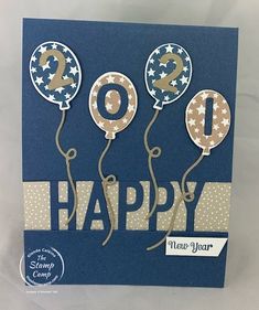 a happy new year card with balloons and the number two on it's side