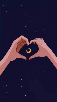 two hands making a heart shape with the moon in the middle and stars in the background