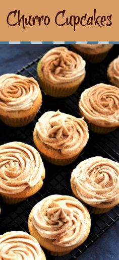 there are many cupcakes on the rack with cinnamon swirl frosting in them