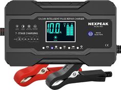 the nepeak intelligent battery charger is connected to two pliers and wires