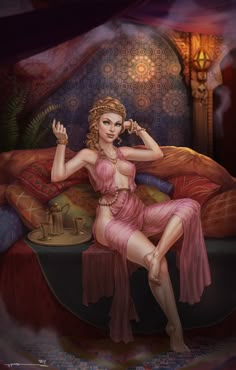 a painting of a woman in a pink dress sitting on a bed next to a lamp