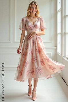 Olivia Mark - Elegant Blush Pink Midi Dress with Floral Embroidery and Flutter Sleeves Blush Pink Midi Dress, Dress With Floral Embroidery, Elegant Embroidery, Bygone Era, Flowing Skirt, Pink Midi Dress, Flutter Sleeves, Floral Patterns, Olivia Mark