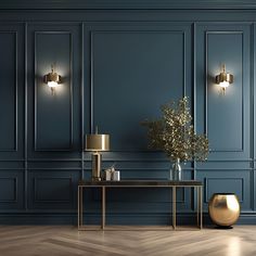 an elegant living room with blue walls and wooden floors, gold vases on the coffee table