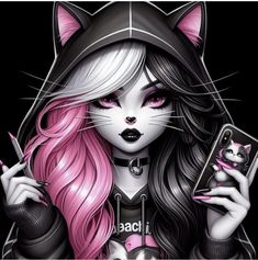 a girl with pink hair and cat ears holding a cell phone in her right hand