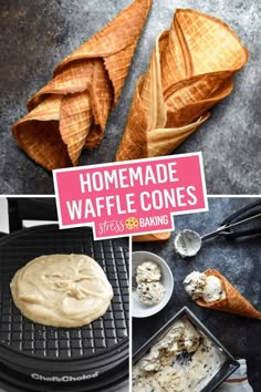 homemade waffle cones are being made and ready to be eaten with ice cream on the side