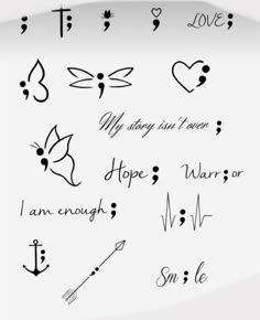 the words and symbols are drawn in black ink on white paper with hearts, flowers, arrows