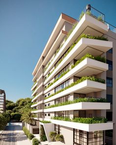 an artist's rendering of a building with plants growing on the balconies