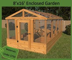 a small wooden chicken coop with an enclosed garden in the background and text overlay that reads 8x16