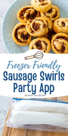 sausage swirls party app on a blue plate next to a bag of pretzel