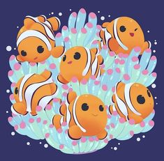 an orange clown fish sticker with pink and blue bubbles in the water, surrounded by coral