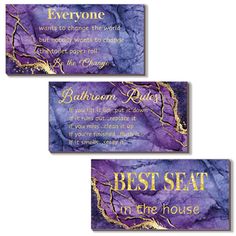 three purple and gold business cards with the words, best seat in the house on them