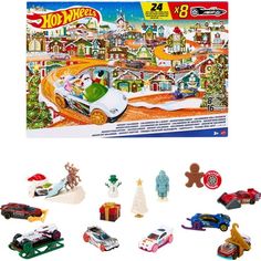 hot wheels christmas town playset with cars and people in the snow, including santa's sleigh