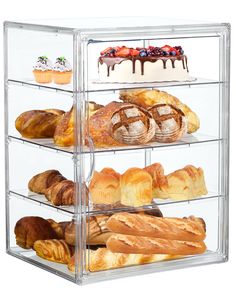 four tiered display case filled with breads and pastries