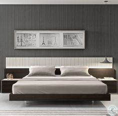 a bedroom with a bed, nightstands and two pictures on the wall above it