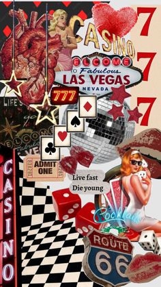 a collage of casino related items including dices, cards, and other things