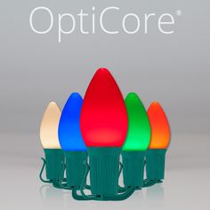 there are many lights that are on the stand together in front of an opticore logo