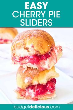 two cranberry pie sliders stacked on top of each other with text overlay