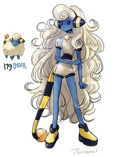 a drawing of a woman with long white hair and blue skin, standing in front of a sheep