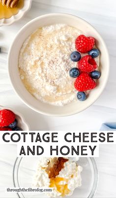 labelled cottage cheese and honey in a small cream bowl with berries next to a bowl of honey and cottage cheese and spices in a glass bowl. Cottage Cheese And Applesauce, Grapefruit And Cottage Cheese, Cottage Cheese Chia Seeds, Cottage Cheese With Honey, Cottage Cheese Apple Dip, Cottage Cheese And Fruit Recipes, Cottage Cheese With Fruit, Cottage Cheese And Honey