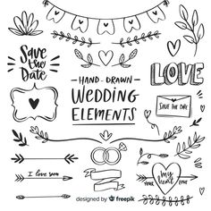 hand drawn wedding elements with hearts and arrows