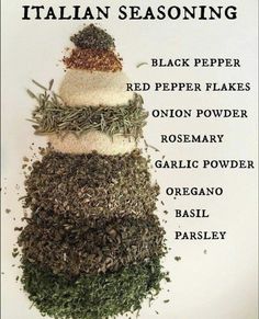 a pile of different types of spices on top of each other with the words italian seasoning written below