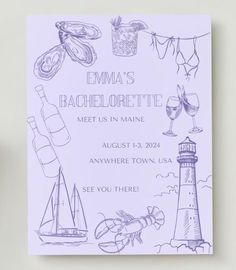 a card with an image of a lighthouse and other things on it that reads,'ema's bachelorette meet us in maine august 13, anywhere town, usa