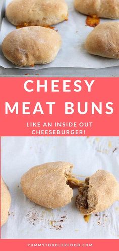 cheesy meat buns on a baking sheet with the words, like an inside out cheeseburger