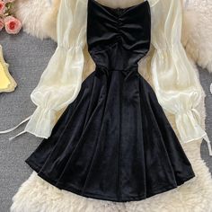 Materials: other Size: m, l Color: apricot, black Puffy Dresses, Square Neck, Apricot, Victorian Dress, Full Length, Velvet, Collar, Square, Black