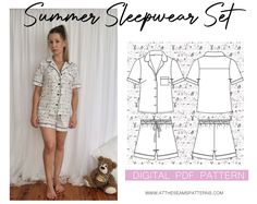 STYLE DESCRIPTION The Summer Sleepwear Set is a timeless and classic pyjama set that can be made up in silk, cotton or flannelette. The top features a feminine rounded collar with piping detail. The piping detail carries across to the sleeve and patch pocket. The short features piping detail at the hem and a 1cm frill on the top edge of the waistband. The drawcord is functional and feeds through 2 button holes at the center front. Suitable for more advanced sewers, this set requires some harder sewing skills, including a set in sleeve, collar, button and button holes, and piping.  SEWING ABILITY  Advanced SIZES - XS-XL AU-UK 6-14 US 2-10 EU 34-42  SIZE XL-5XL - available for purchase here: https://www.etsy.com/au/shop/AtTheSeamsPatterns?ref=seller-platform-mcnav&section_id=35318767 Coordin Pj Sewing Pattern, Large Safety Pin, Summer Sleepwear, Pajama Pattern, Classic Pajamas, S Letter, Summer Pajamas, Summer Set, Sleepwear Sets