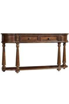 a wooden console table with two drawers on one side and three columns on the other