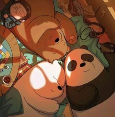 two cartoon pandas cuddling in the middle of a bed with their faces painted orange