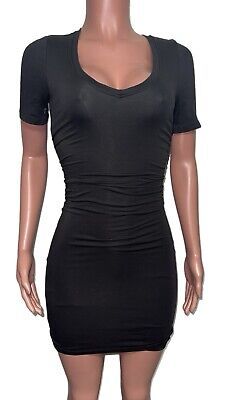 ATM Black XS Ruched Lined Bodycon Mini V-neck Dress Nwts Clubwear Casual Chic  | eBay Fitted Casual V-neck Dress For Night Out, Casual Fitted V-neck Dress For Night Out, V-neck Stretch Mini Dress, Solid V-neck Stretch Bodycon Dress, Casual V-neck Dress For Night Out, Black Ruched Bodycon Dress, Black Ruched Short Sleeve Bodycon Dress, Solid Color Stretch V-neck Bodycon Dress, Black Ruched Bodycon Dress With Short Sleeves