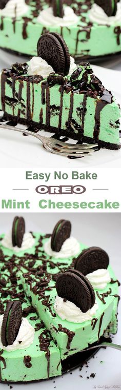 mint cheesecake with oreo cookies on top and an image of the same cake