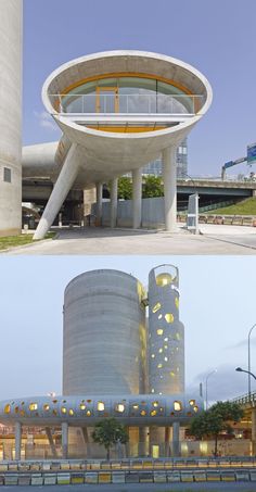 two photos side by side one shows a building and the other shows a bridge