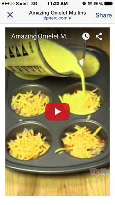 an image of some food being made in muffin tins on a table with the caption amazing omelet muffins