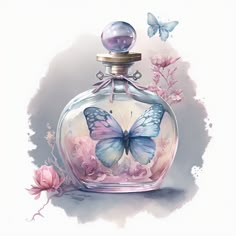 a painting of a butterfly in a glass bottle with pink flowers and butterflies around it