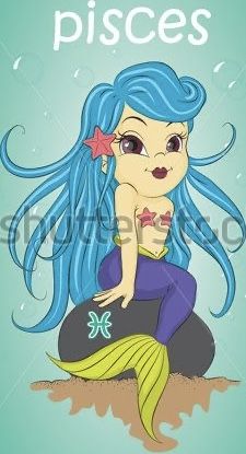 a little mermaid with blue hair sitting on top of a rock and the words pisces