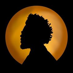 the silhouette of a person's head in front of a full moon with dark background