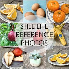 a collage of photos with oranges, apples, bananas and other food items