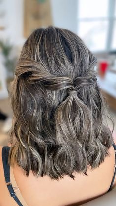 Half up twisted bridesmaid style Wedding Hairstyles For Shoulder Length Hair Half Up, Hoco Hair Medium Length Brown, Half Up Wedding Hair Short Length, Bridal Half Up Half Down Short Hair, Wavy Bridesmaid Hair Medium, Up Do Hair Styles For Short Hair, Half Up Half Down Hoco Hair Short, Half Up Half Down Bridal Hair Shoulder Length, Bridesmaid Wedding Hair Half Up