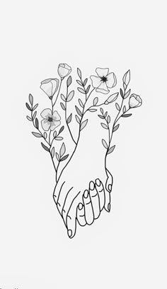 two hands holding each other with flowers in the middle and one hand reaching out for something