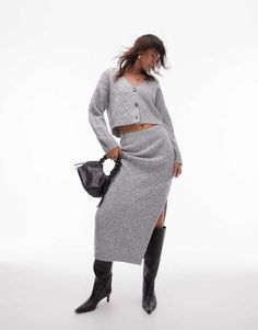 Skirt by Topshop This is Topshop High rise Elastic waist Side slit Regular fit Skirt And Cardigan, Sweater Sets, Knit Cardi, Spring Floral Dress, Winter Party Dress, Cable Sweater, Hooded Cardigan, Black Long Sleeve Dress, Long Black Dress