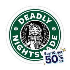 a sticker with the words deadly nights on it and an image of a woman holding a