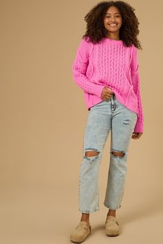 Sharon Knit Sweater in Pink | Altar'd State Trendy Cable Knit Turtleneck Sweater, Trendy Cable Knit Sweater For Fall, Trendy Cable Knit Turtleneck Outerwear, Cozy Cable Knit Sweater For Cold Weather, Cable Knit Turtleneck Sweater For Layering, Spring Cable Knit Sweater, Trendy Cable Knit Sweater For Cold Weather, Trendy Cable Knit Crew Neck Sweater, Spring Cozy Cable Knit Sweater