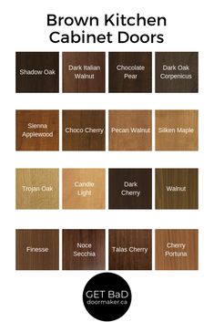 the brown kitchen cabinet doors are shown with different colors and finishes for each color scheme